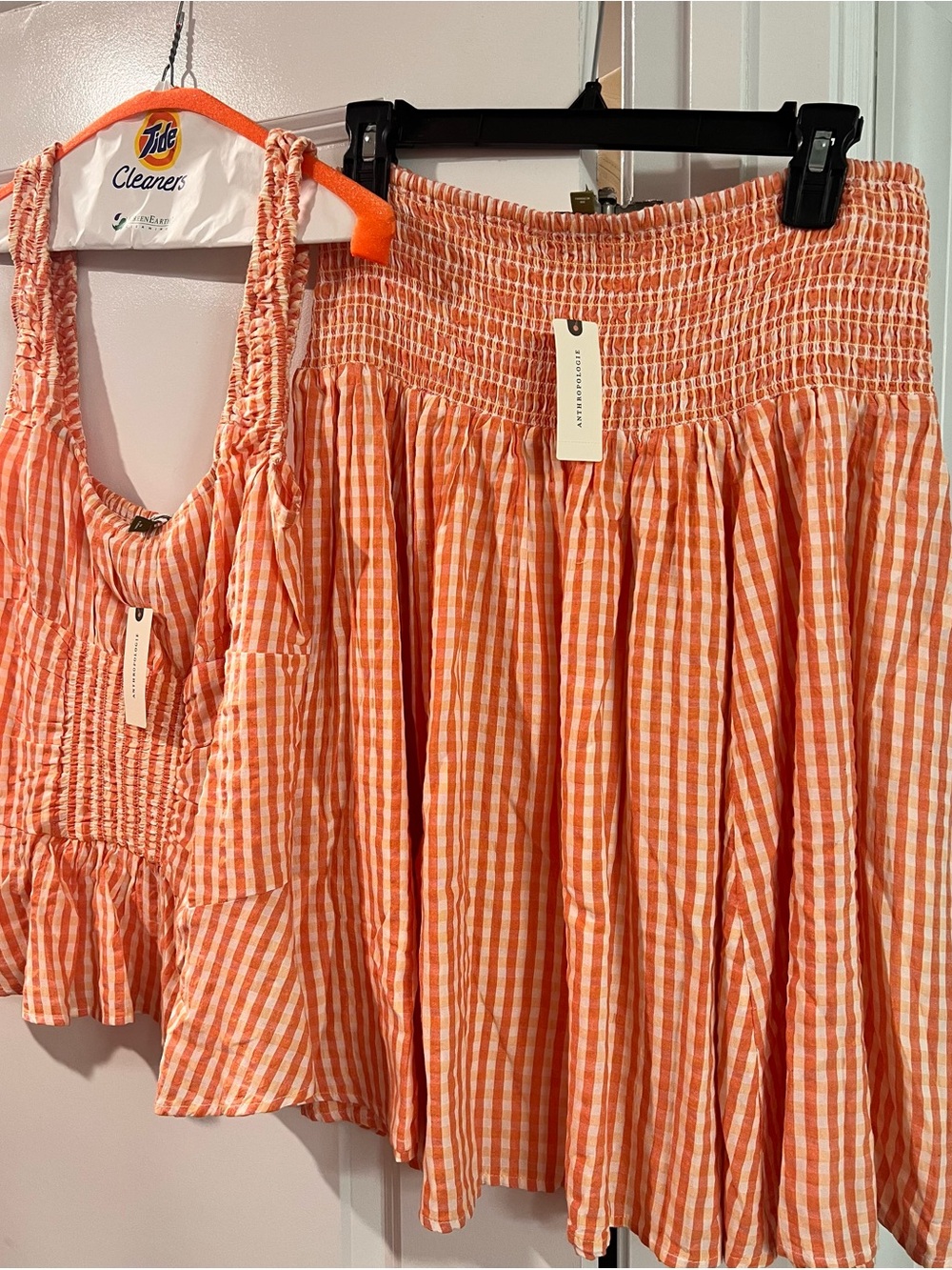 Anthropologie Orange Gingham Smocked Circle Skirt and top